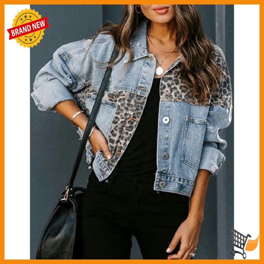 Distressed Denim Jacket with Leopard Patchwork, B… - image 6